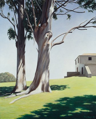 [Two Eucalyptus Trees and a House]