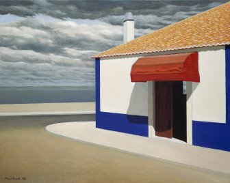 [House with Blue Strip by the River]